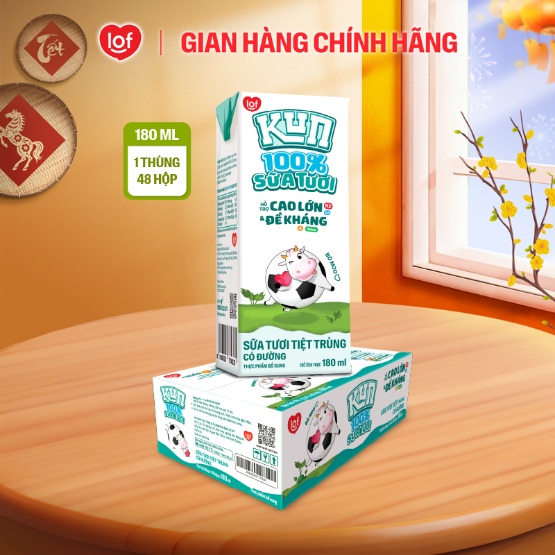 100% sữa tươi KUN có đường thùng 48 hộp x 180ml