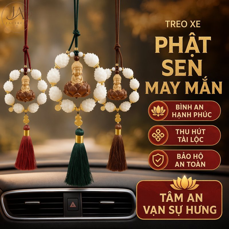JACIRCLE khánh treo xe gỗ thủ công hoa sen phật dây treo gương chiếu hậu trang trí nội thất ô tô quà tặng bình an