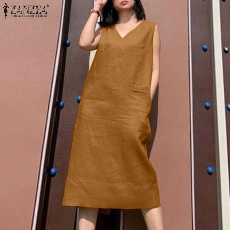 Zanzea Đầm nữ cổ điển lỏng lẻo không tay A-line sundress kỳ nghỉ trơn đơn giản Midi Đầm không tay #15