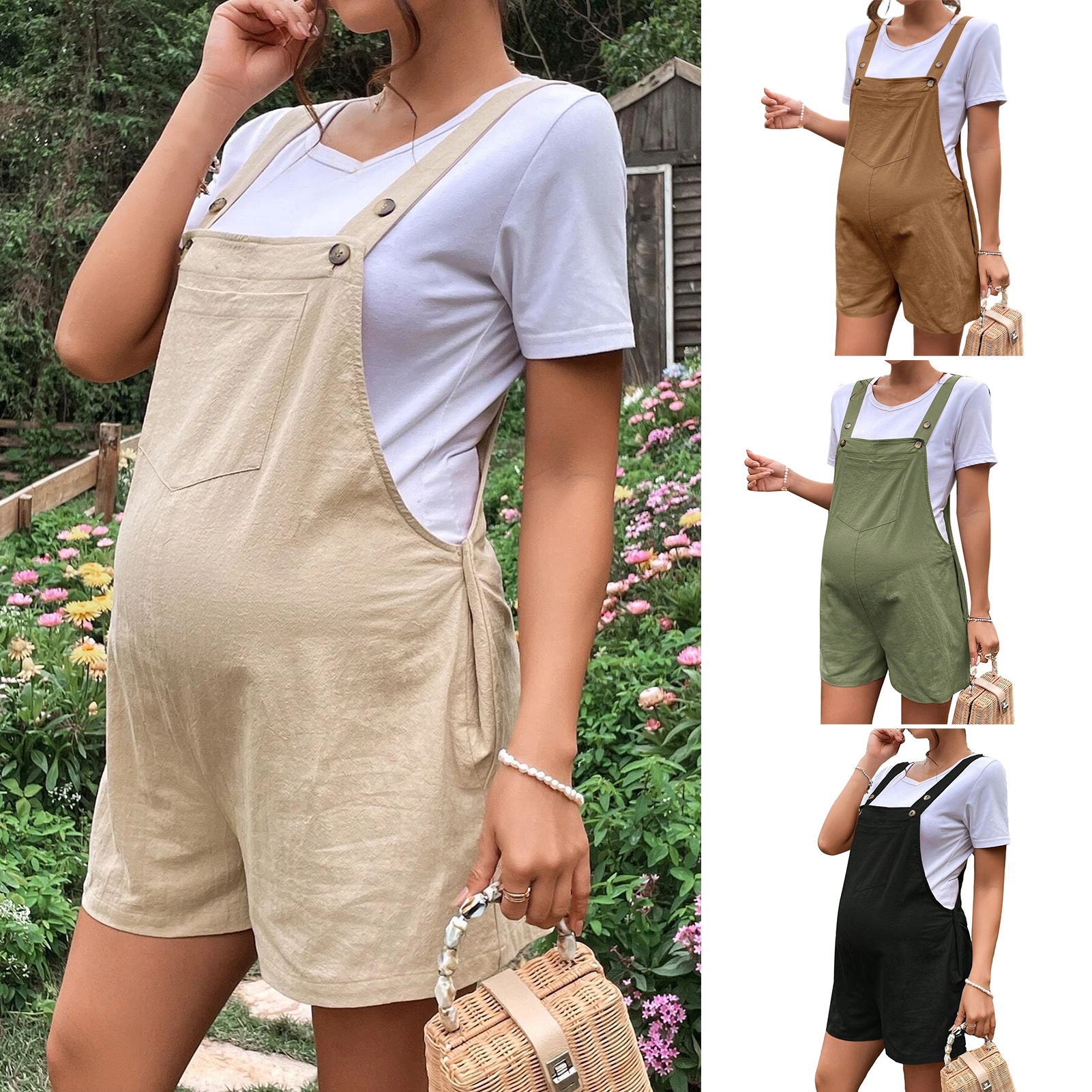 Yitu Mang Thai Romper Cotton Pha Trộn màu trơn Mang Thai Jumpsuit Không Tay quần sọt BIB Jumpsuit Với dây đai điều chỉnh Và Túi dáng rộng thoải mái Phù Hợp Với Mang Thai Romper Cho Mẹ-to-Be