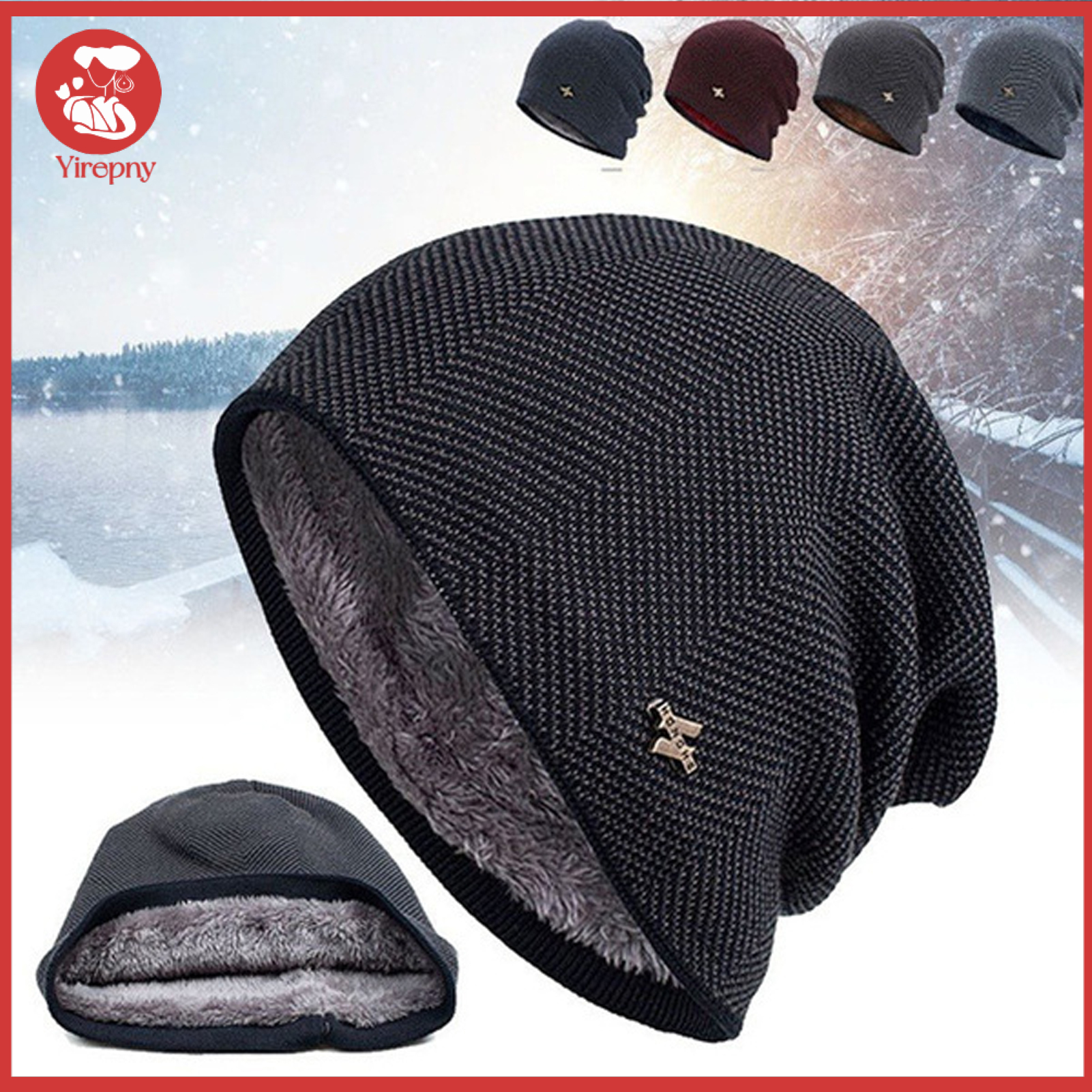 Yirepny Men Hat Solid Color Double Layers Autumn Winter Ear Protection Knitting Hat for Outdoor ราคา 174 บาท*ส่งฟรี