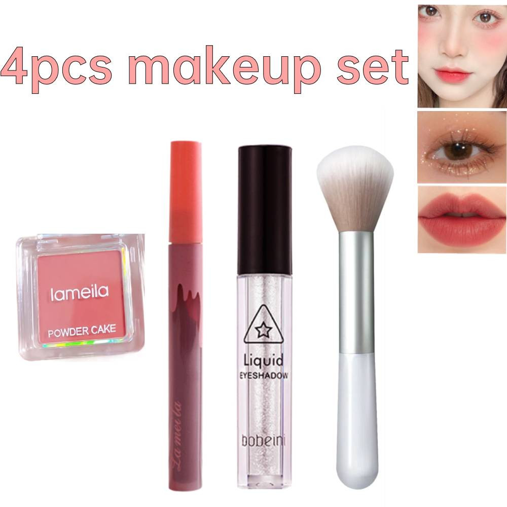Lorzi 4PCS Bộ trang điểm Lipstick + Eye Shadow Liquid + Powder Blusher + Cọ trang điểm Bộ trang điểm các sản phẩm