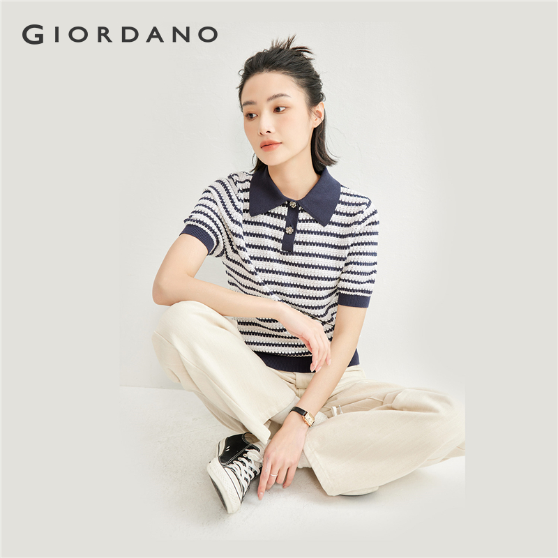 GIORDANO Women Polo Shirts Stripe Summer Knit Polo Shirts Short Sleeve Flower Buttons Fashion Casual