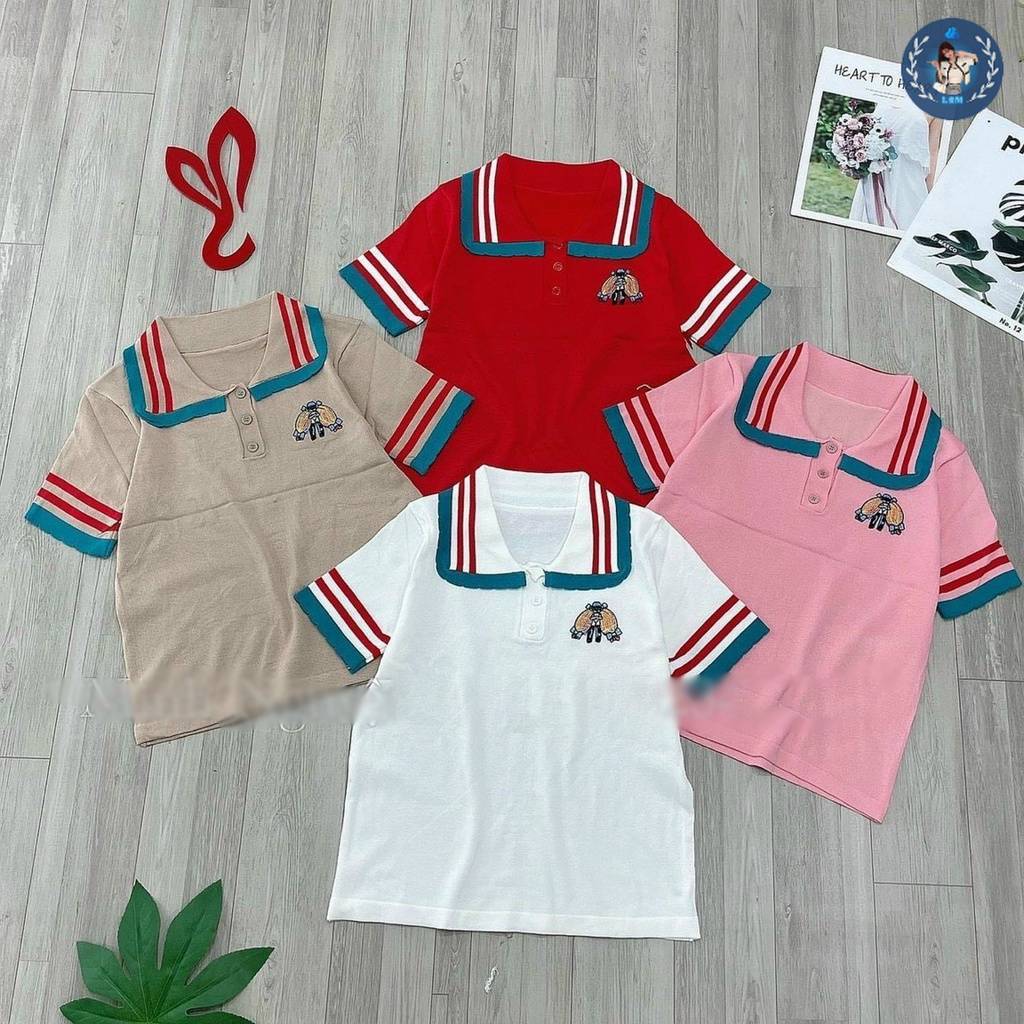 💥[A030] Áo len thun nữ Montoghi dệt kim Quảng Châu thêu LOGO cộc tay polo PHỐI VIỀN thanh lịch - L2M