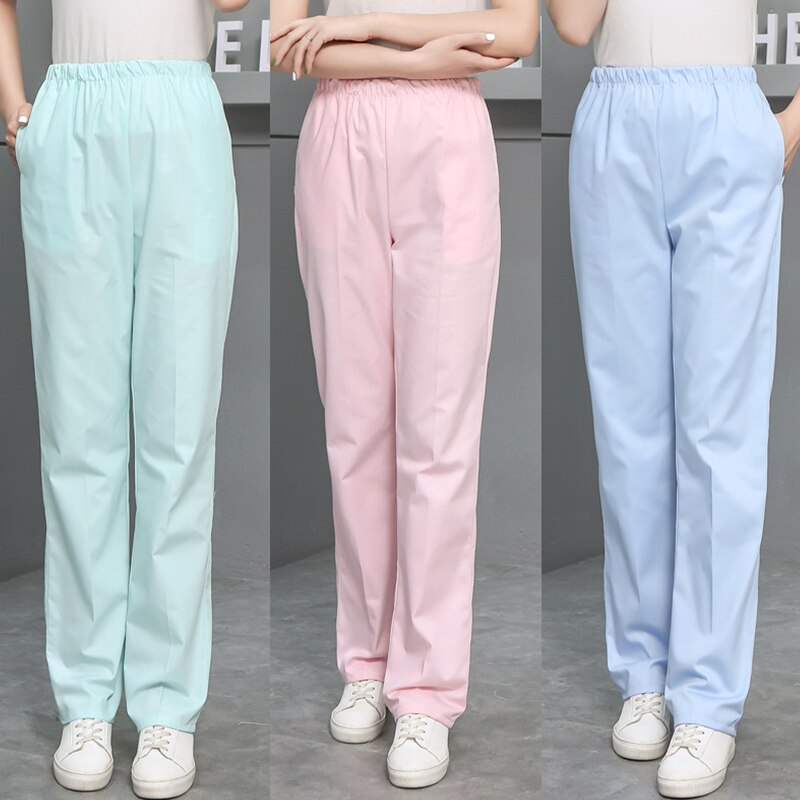 High Quality Solid Color Work Pants Women s Elastic Waist Doctor White