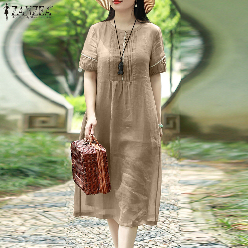 Momonaco ZANZEA Đầm nữ O-Cổ Đầm tay ngắn ống tay phồng Thời Trang Giản Dị Sundress #8