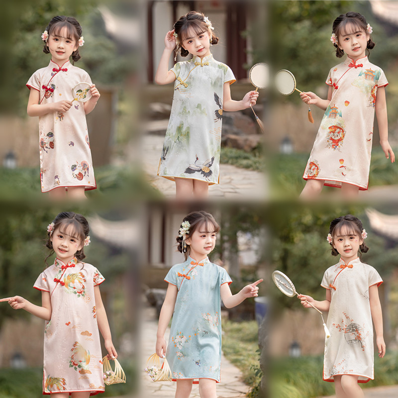 Sườn Xám Trẻ Em Mùa Hè Sản Phẩm Mới Cho Bé Gái Váy Liền Cách Tân Phong Cách Trung Quốc Áo Hán Phục Lụa Giả Phong Cách Cổ Cho Bé