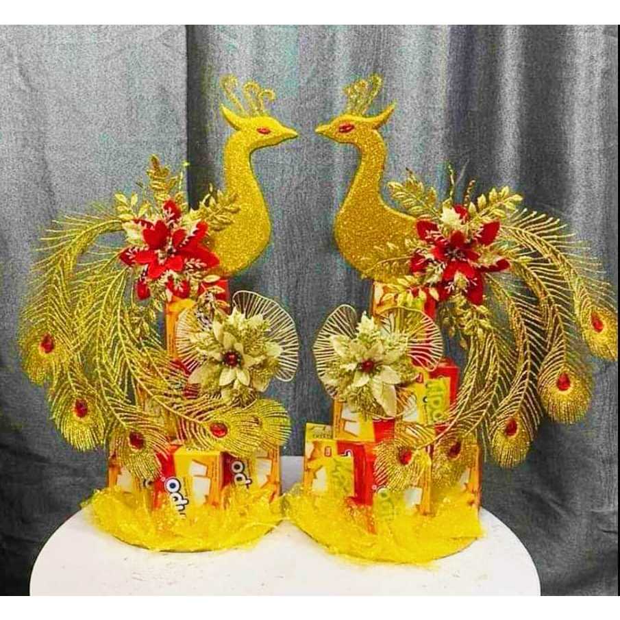Set trang trí tháp bánh   nước Tết Xuân mẫu con Công