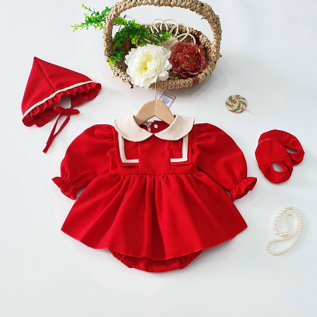 Set Đồ Tết Noel Body Váy Cổ Vuông Bodysuit Màu Đỏ Cho Bé Gái Sơ Sinh 1 2
