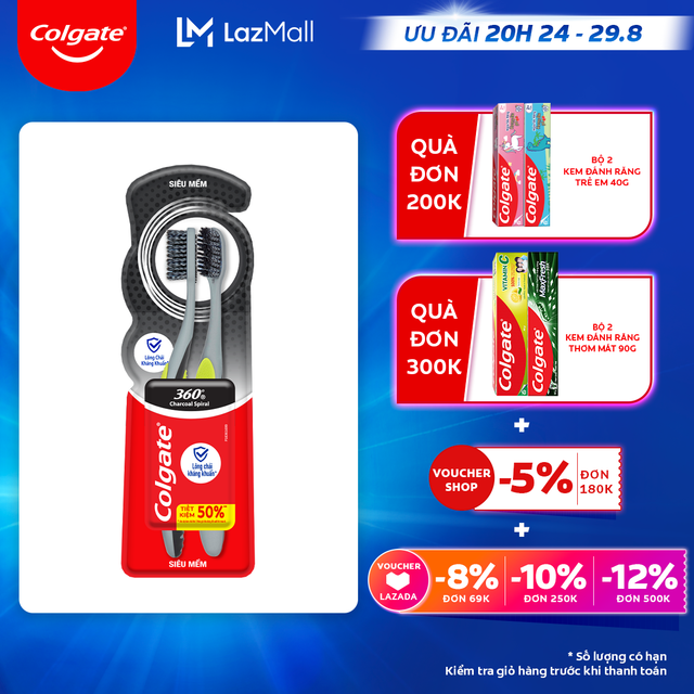 [Ưu đãi 20H 24.8 - 29.8_Áp voucher Colgate 5% + voucher LZD 8%]Bộ 2 Bàn chải Colgate 360 than hoạt tính kháng vi khuẩn Charcoal Spiral lông chải xoắn kép