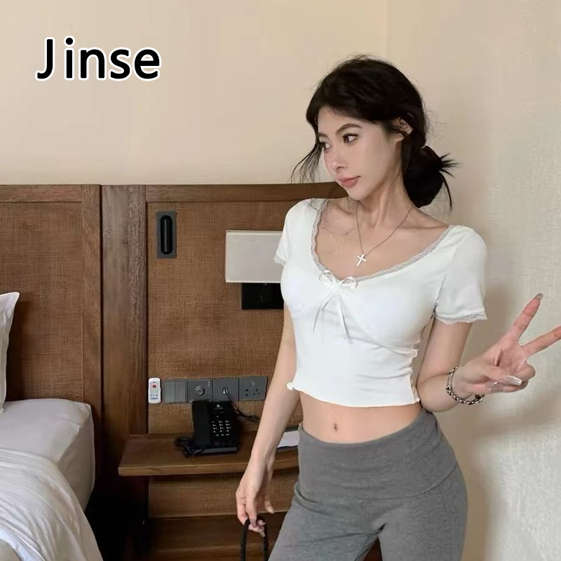 Jinse Hot Girl T-shirt Female V-neck Lace Stitching Bow Slim-Fit Crop-Top