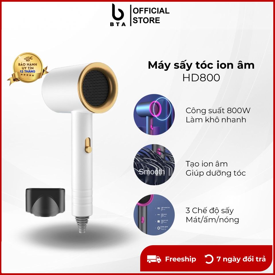 Máy sấy tóc ion âm HD800, 3 chế độ sấy nóng, lạnh, tạo ion âm giúp dưỡng tóc và mượt tóc, sấy khô tóc trong 3 phút.