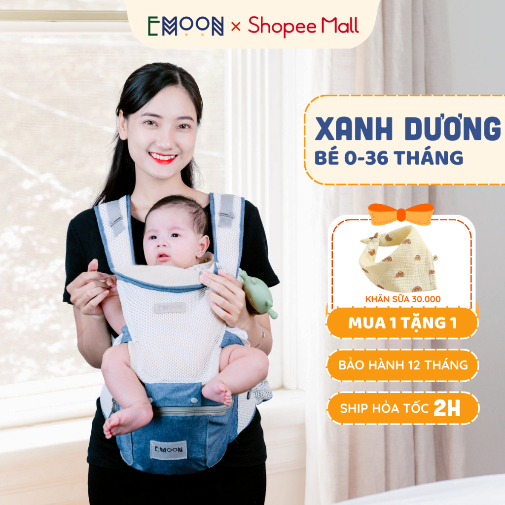 Địu em bé sơ sinh EMOON đa năng có 9 tư thế chống gù cho bé từ 0-3 tuổi tư thế gọn nhẹ bề mặt vải 3D thoáng khí mềm mại