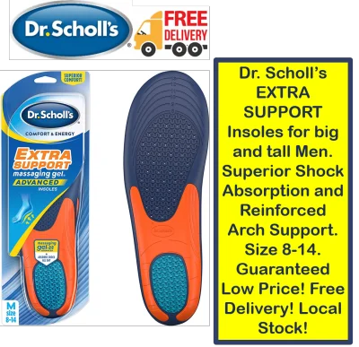 Dr. Scholl’s EXTRA SUPPORT Insoles for big and tall Men. Superior Shock Absorption and Reinforced Arch Support. Size 8-14. Guaranteed Low Price! Free Delivery! Local Stock!