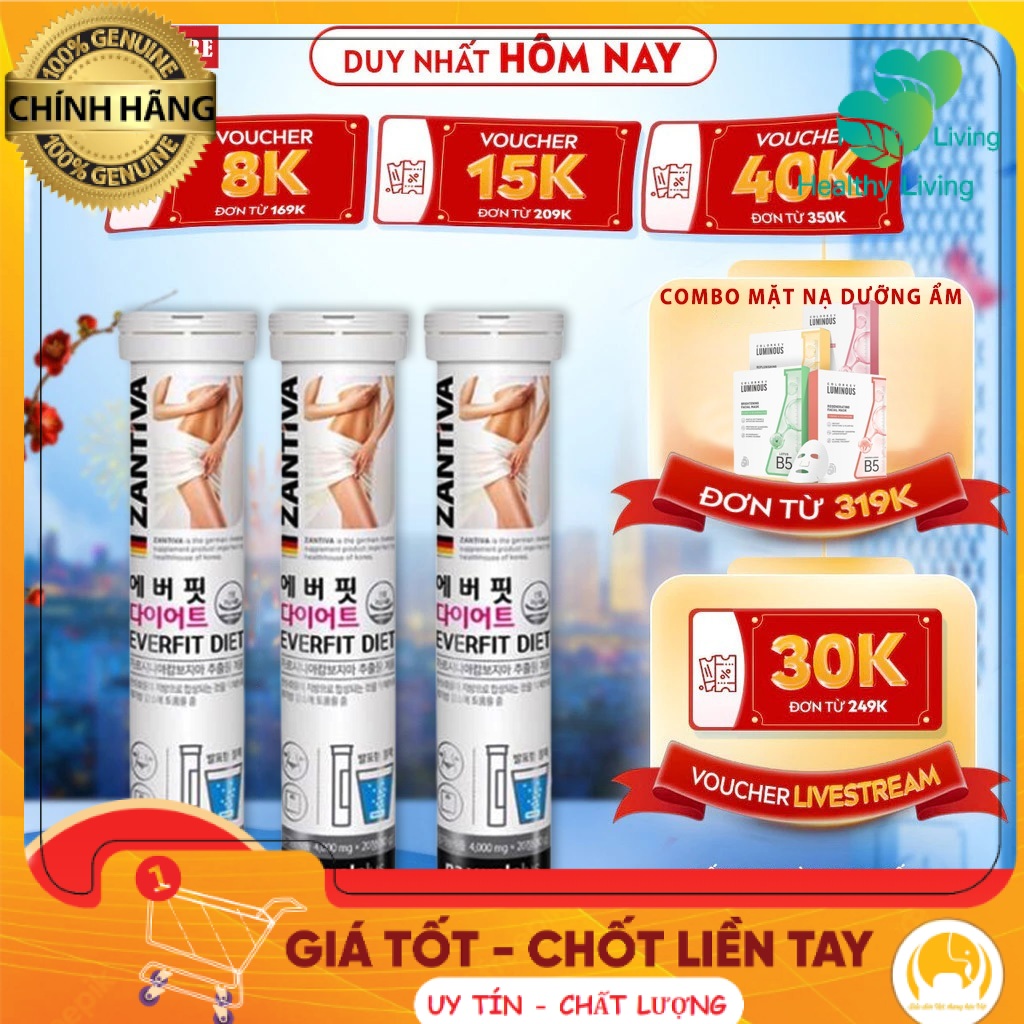[CHÍNH HÃNG] Viên Sủi Giảm Cân Zantiva Everfit Diet (Đức) – Hỗ Trợ Đốt Mỡ Bụng, Eo Thon Dáng Đẹp (Lọ 20 Viên) GCHT1