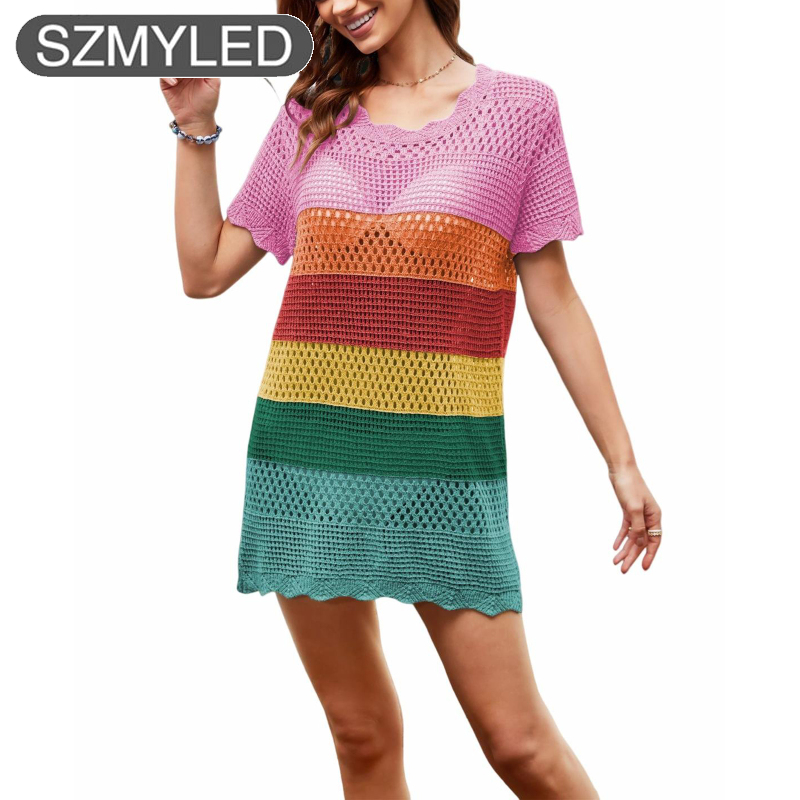 Women Crochet Swimwear Cover Ups Round Neck Short Sleeve Hollow Out Coverups Dress Beach Cover Ups