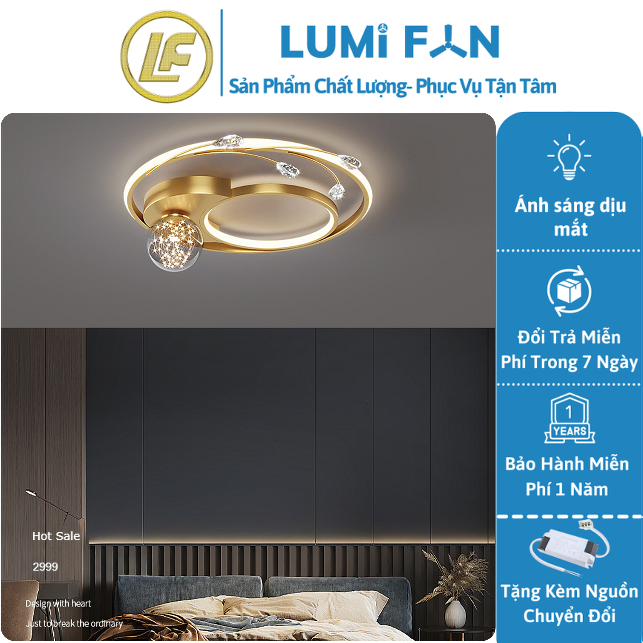 Đèn ốp trần trang trí lumifan, đèn ốp trần decor, đèn treo trang trí phòng hàng chính hãng bảo hành 12 tháng mã lf-615