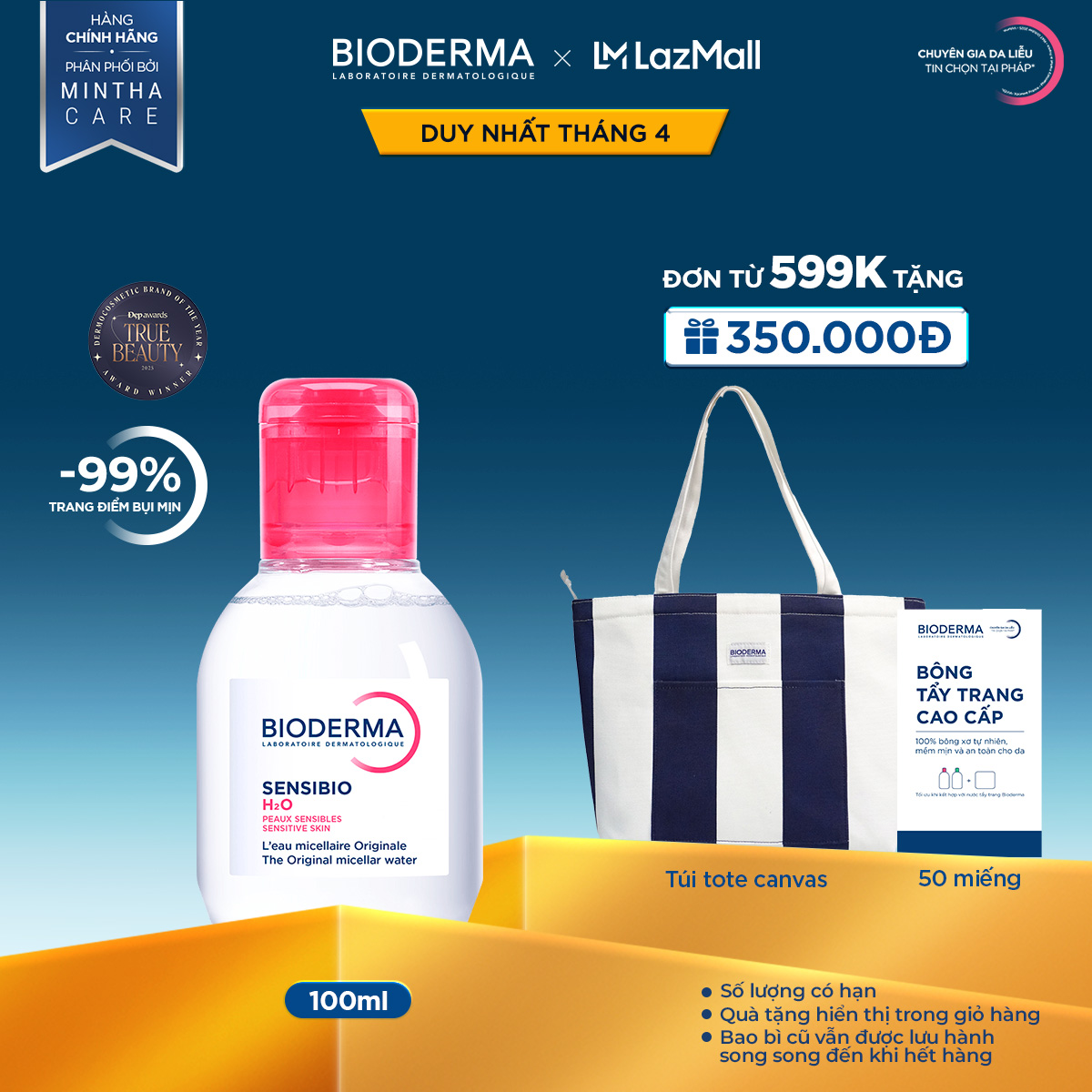Dung dịch làm sạch và tẩy trang micellar cho da thường và da nhạy cảm Bioderma Sensibio H2O - 100ml