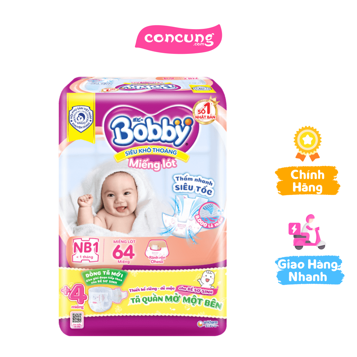 Miếng lót Bobby (Newborn 1 dưới 5 kg 64 miếng)