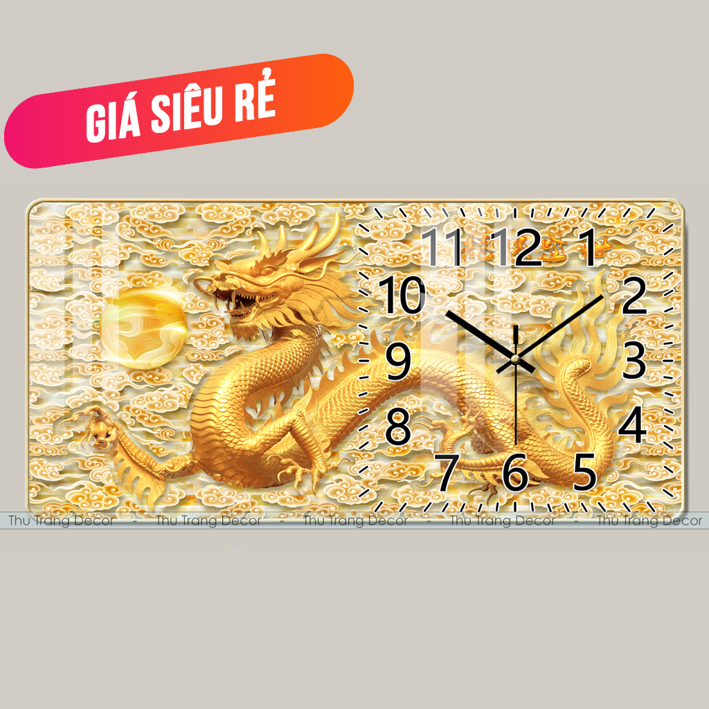 Đồng Hồ Tráng Gương Treo Tường "RỒNG VÀNG" In UV 5D Cao Cấp