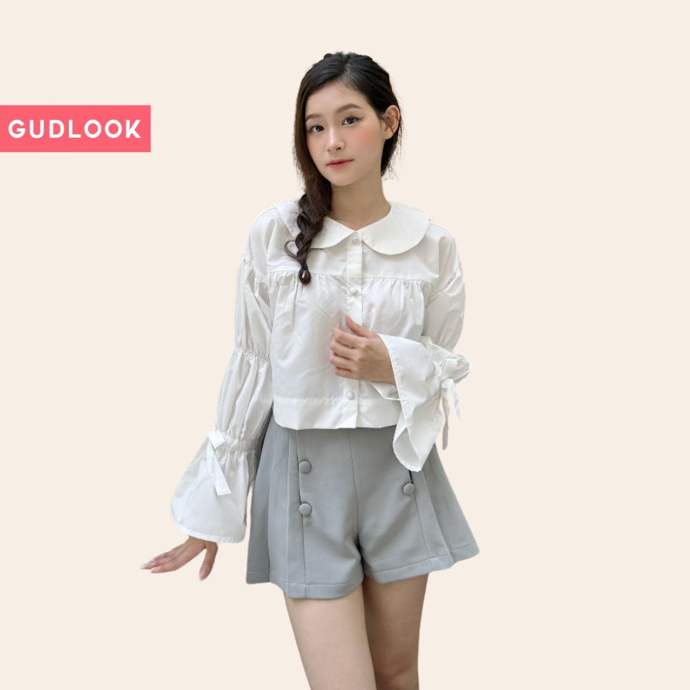 Áo Sơ Mi Babydoll Cổ Sen Croptop GUDLOOK Tay Nơ Loe Bồng
