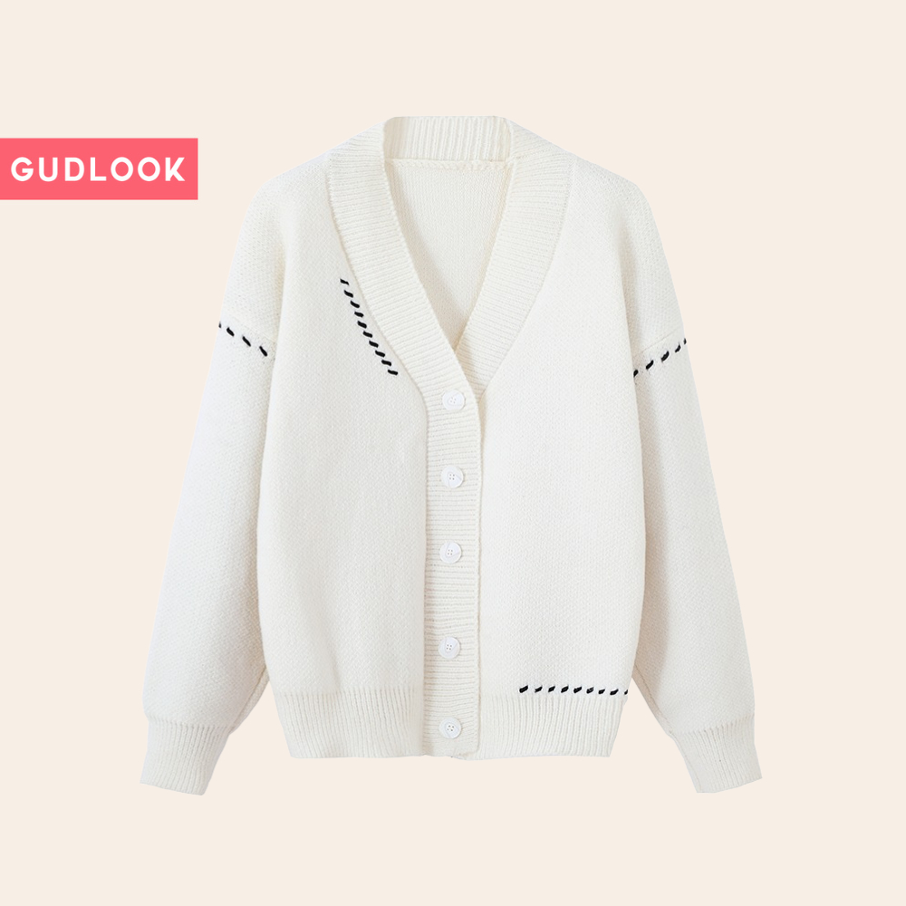 Áo Khoác Cardigan phối viền hoạ tiết tay áo  màu trắng đen thu đông Hàn Quốc