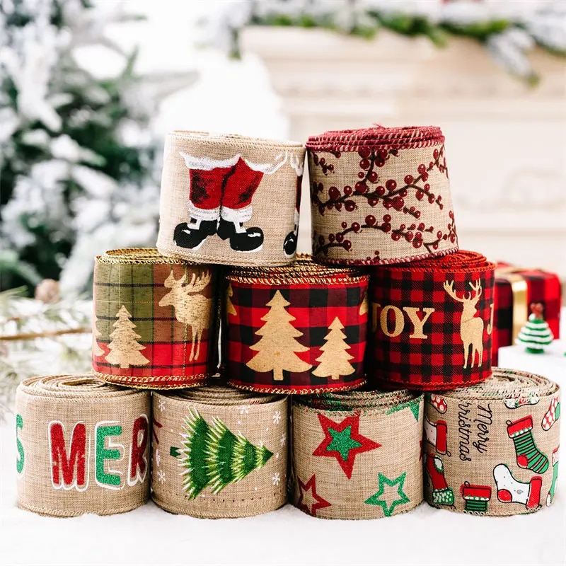 5M/Roll Christmas Decoration Ribbon Printed Jute Ribbon DIY Bow Knot Cartoon Sticker Color Stripe Gift Box Packaging Supplies e36cj