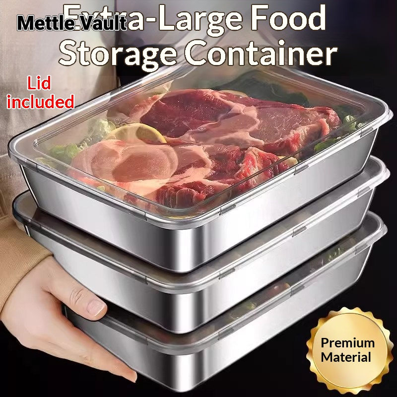 Mettle Vault Large Stainless Steel Food Storage Container with Lid - Perfect for Refrigeration, BBQ, Steaming Fish, Salad and Fruit Serving ราคา 66 บาท*ส่งฟรี