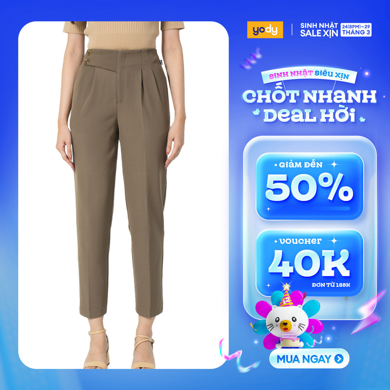 Quần âu nữ YODY baggy lưng cao vạt chéo mềm mại, không nhăn QAN5128