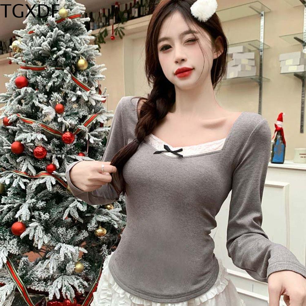 TGXDF Cổ chữ V Áo phối ren Nơ Y2K Áo thun cho nữ Sang trọng Đế Áo dài tay Bé gái
