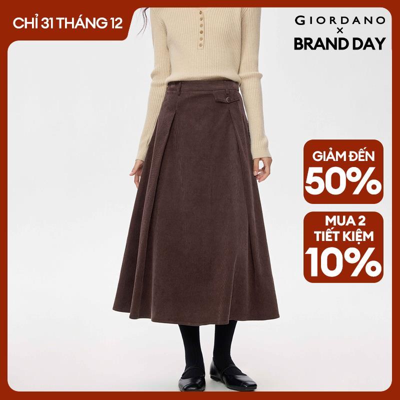  GIORDANO Nữ Chân váy 100% Cotton nhung kẻ Chân váy xếp ly Chi tiết vạt suông Dáng chữ A thời trang thanh lịch thường ngày Chân váy midi 13465865 