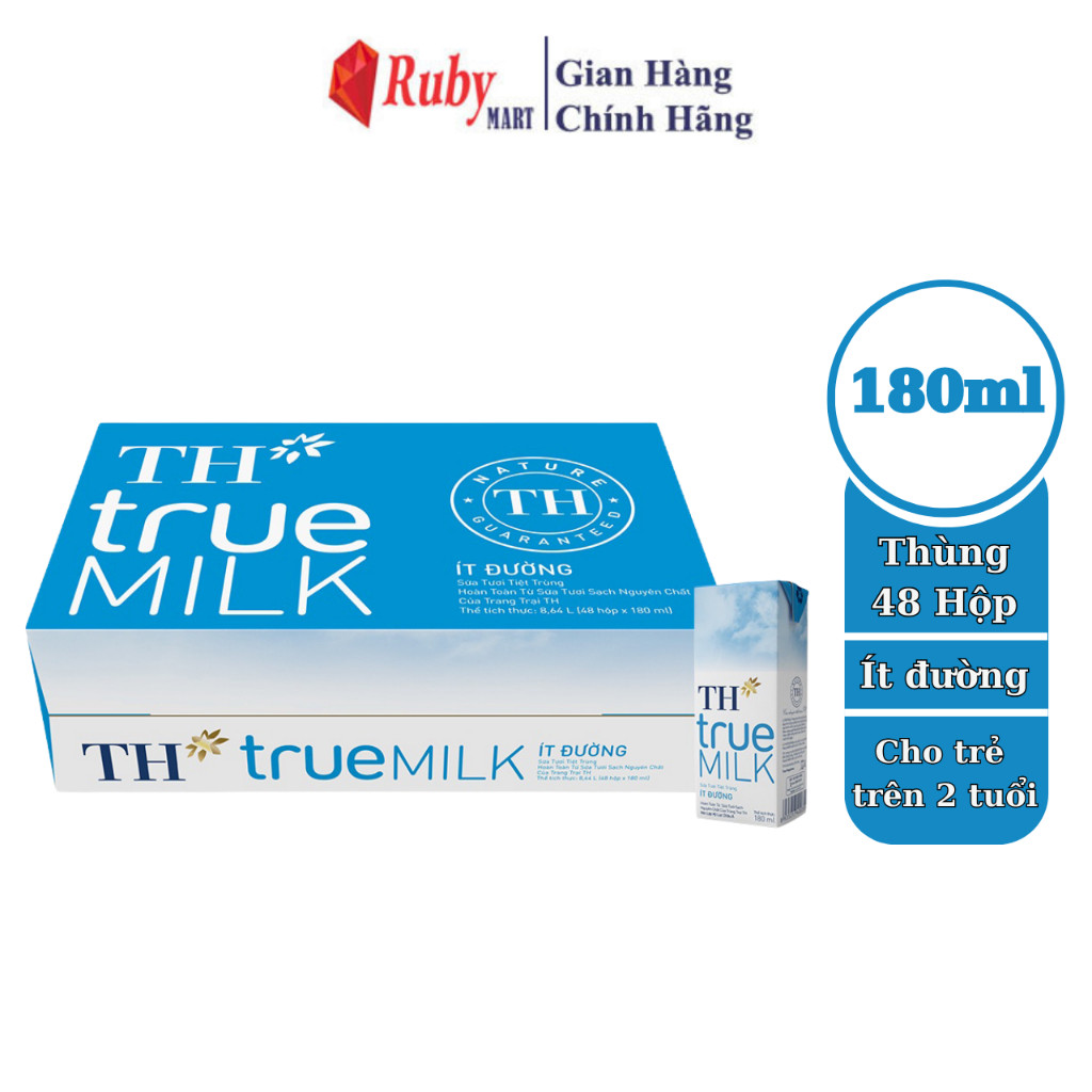 Thùng 48 hộp sữa tươi tiệt trùng ít đường TH True Milk 180ml (180ml x 48)