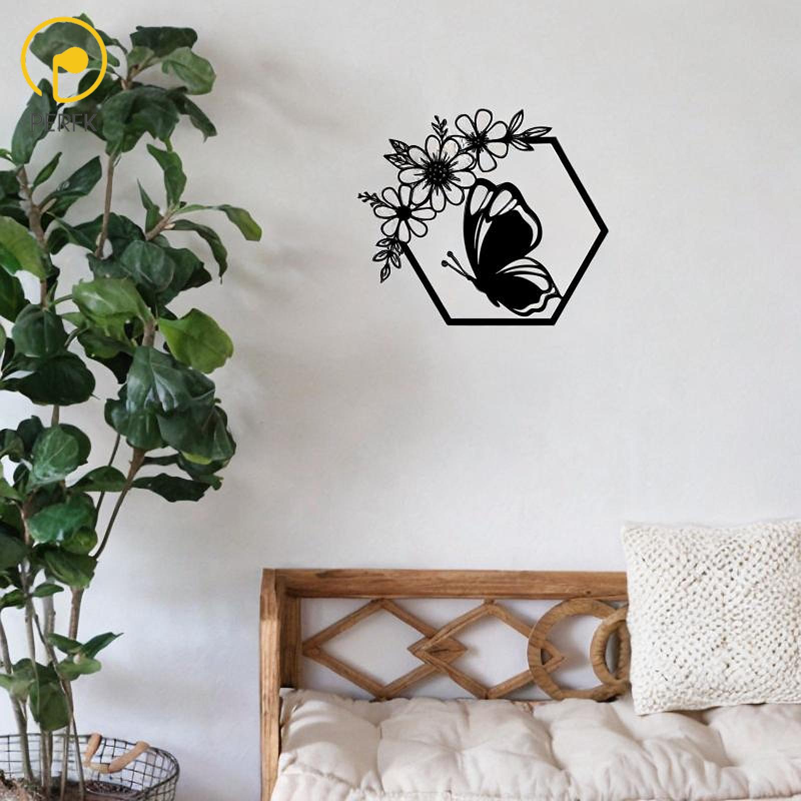 Perfk Metal Butterfly Wall Decor Floral Iron Art Flowers Hexagon Hanging Decoration for Indoor Bathroom Doorway Entryway Kitchen ราคา 138 บาท*ส่งฟรี