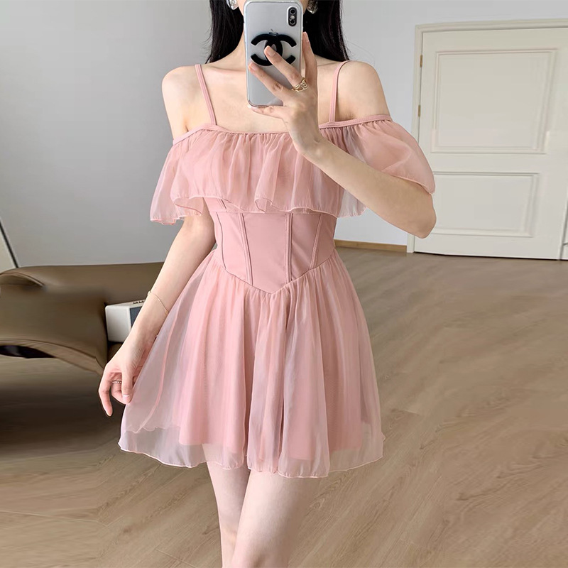 lihualin22 Swimming suit women's one piece suspender, solid color super fairy girl dress, conservative and slimming hot spring swimsuit, ruffle edge swimsuit Swimsuits