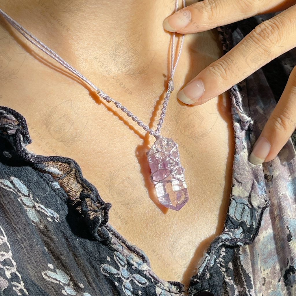 Dây chuyền Macrame Thạch anh Tím Vera Cruz Amethyst in Mexico, vòng cổ đá năng lượng hỗ trợ trực giác, tinh thần