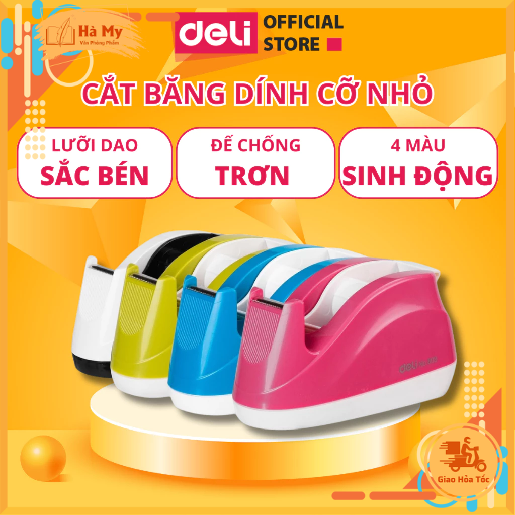Cắt băng dính cỡ nhỏ deli e808 - lưỡi dao sắc bén dễ dàng sử dụng - đế chống trơn
