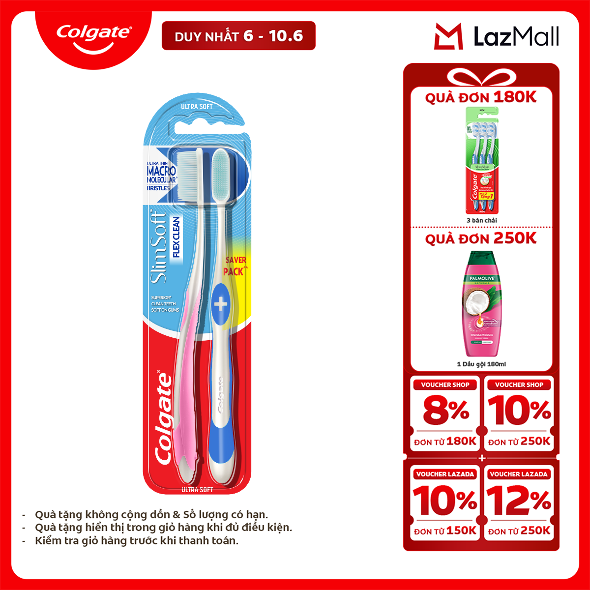 [Chỉ 6-10.6_X2 Voucher giảm 22%] Bàn chải Colgate Slimsoft Flex Clean nguyên khối siêu mềm mảnh, sạch sáng bóng
