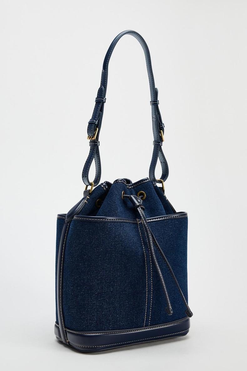 100% ZARA-Bucket bag new denim splicing PU shoulder bag large capacity bag women