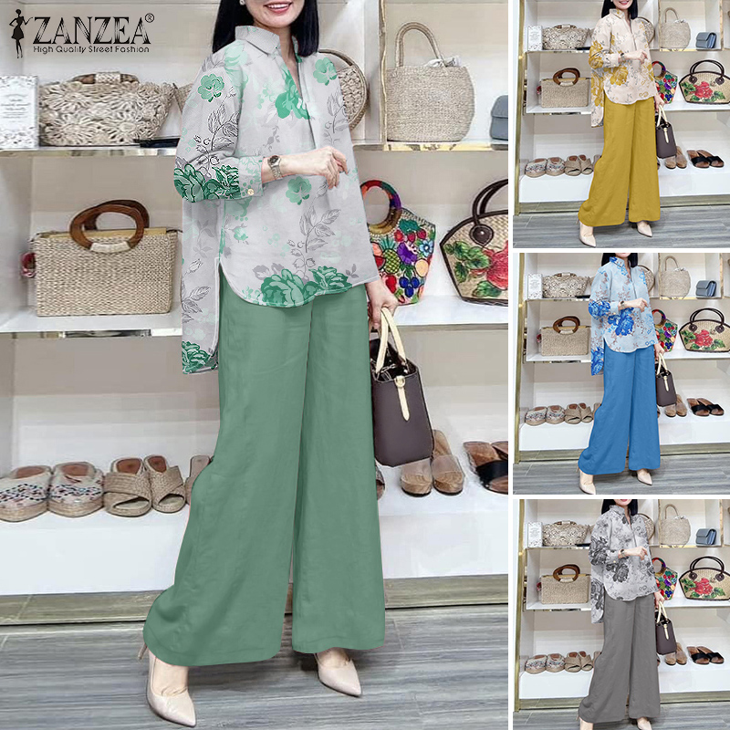 Esolo ZANZEA Women Two-piece Outfits Elegant Floral Print Long Sleeve High Low Shirt Long Pants Bohemian Sets #0303 ราคา 430 บาท*ส่งฟรี