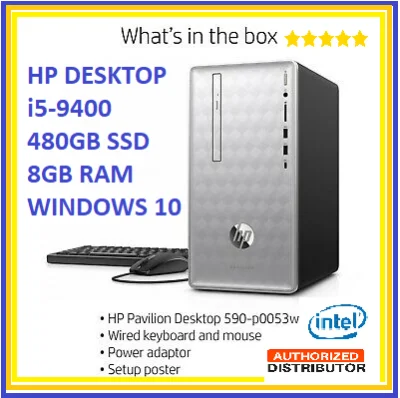 New Model 2020 9th gen HP 590-P0053w Pavilion i5-9400 6-Core 2.9 GHz (4.1 GHz Turbo) /8GB RAM /480 GB WD SSD 20 times faster (Upgraded Processor and SSD Win 10 home Silver front with Hp keyboard and HP mouse HDMI cable 1 year warranty