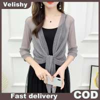 Velishy Phong Cách Áo Khoác Cardigan Nửa Tay Áo Phía Trước Ren-up Áo Phụ Nữ Mỏng Kem Chống Nắng Áo Khoác Ngắn