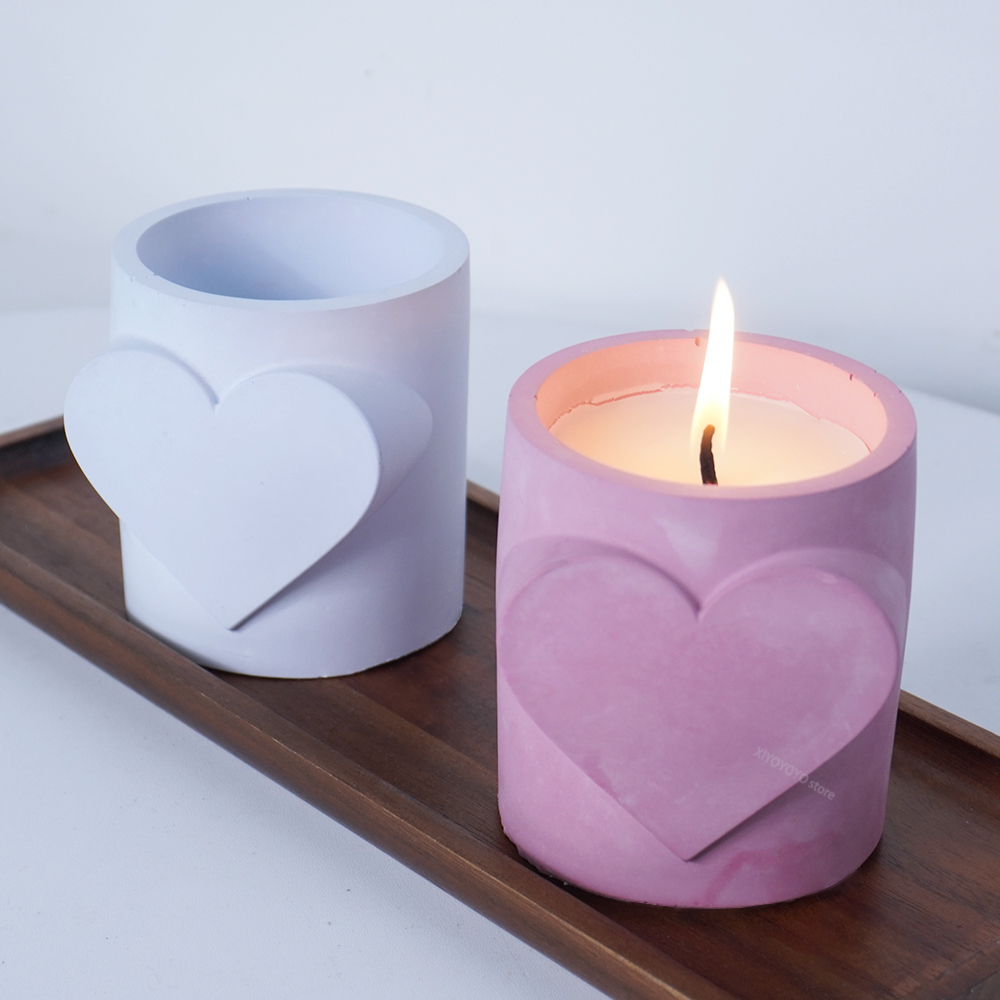 【Hot deal】 Heart Cylinder Candle Jar Cement Silicone Mold Diy Valentine's Day Storage Box Concrete Mould Flowerpot Resin Molds