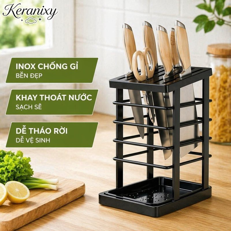 Keranixy kệ dao thớt inox giá để bàn khay thoát nước ống đũa chống gỉ ngăn nắp kệ bếp gia đình