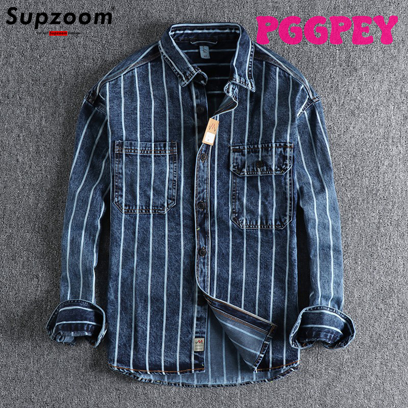[PGGPEY] Supzoom 2022 New Arrival Top Fashion Brand Clothing Denim Full Turn-down Collar Open Stitch Striped Men Chemise Casual Shirts ราคา  1,802 บาท*ส่งฟรี