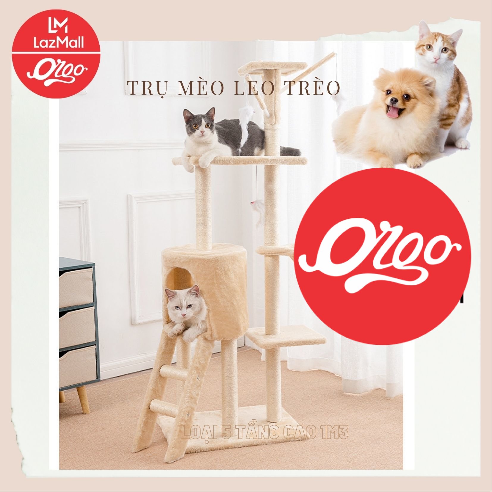 CATTREE Nhà Cây Cho Mèo, Trụ Cào Móng Cho Mèo 5 Tầng cao 1m3 Có Võng Và Đồ Chơi Đi Kèm ht56