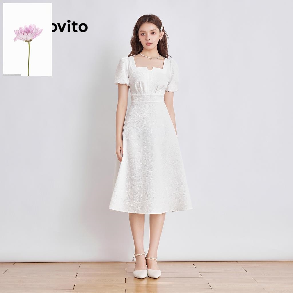 W06 Lovito Romantic Plain Plicated Square Neck Good Texture Midi Length Women Dress L44AE019(White)
