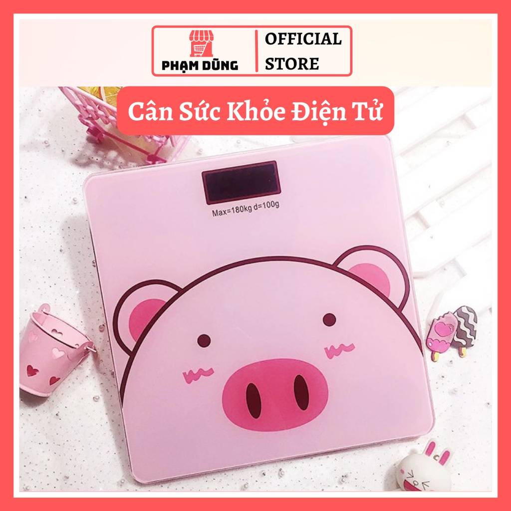 Cân sức khoẻ heo hồng, pin tiểu, kính cường lực, màn hình số kèm đo nhiệt độ phòng