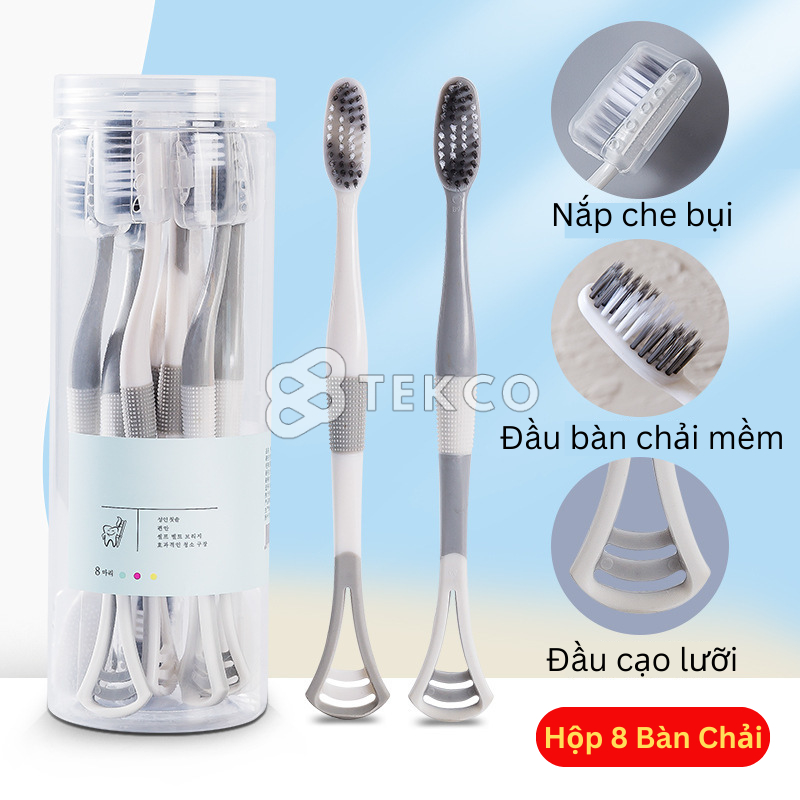 Hộp 8 bàn chải đánh răng 2in1 có đầu cạo lưỡi silicon - hộp 8 bàn chải có đầu cạo lưỡi