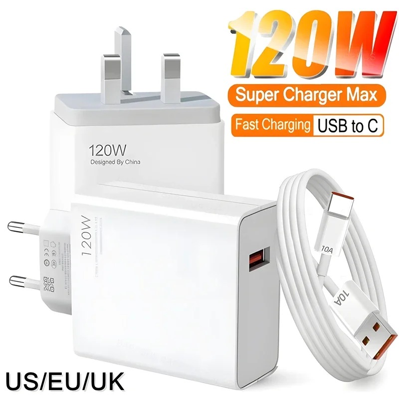 120W Fast Charging Charger for Xiaomi Wall Charging Adapter EU US UK Cell Phone Chargers for Xiaomi Redmi Note 10A USB Type C Data Cable