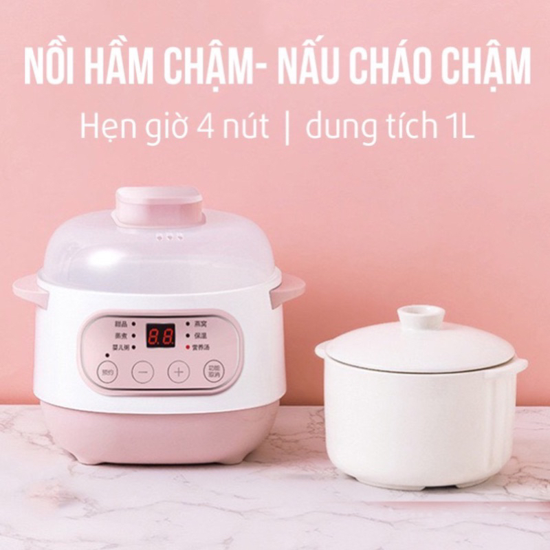 Nồi Hầm, Nấu Cháo Chậm Hẹn Giờ Thông Minh, Cách Thủy 4 in 1 - Nồi Chưng Yến Cực Kì Tiện Lợi Lõi Sứ, Dung Tích 1L